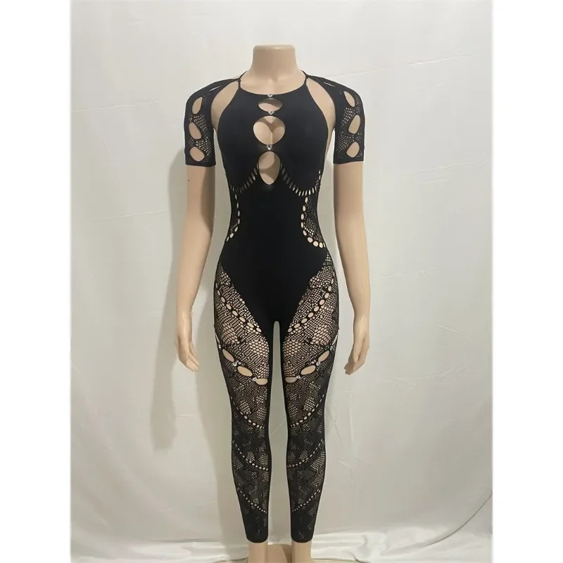 Sexy Hollow Out Sheer Skinny Jumpsuit Women Solid Halter Lace Up Short Sleeve Diamonds High Waist Y2k Rompers Club Streetwear 250407