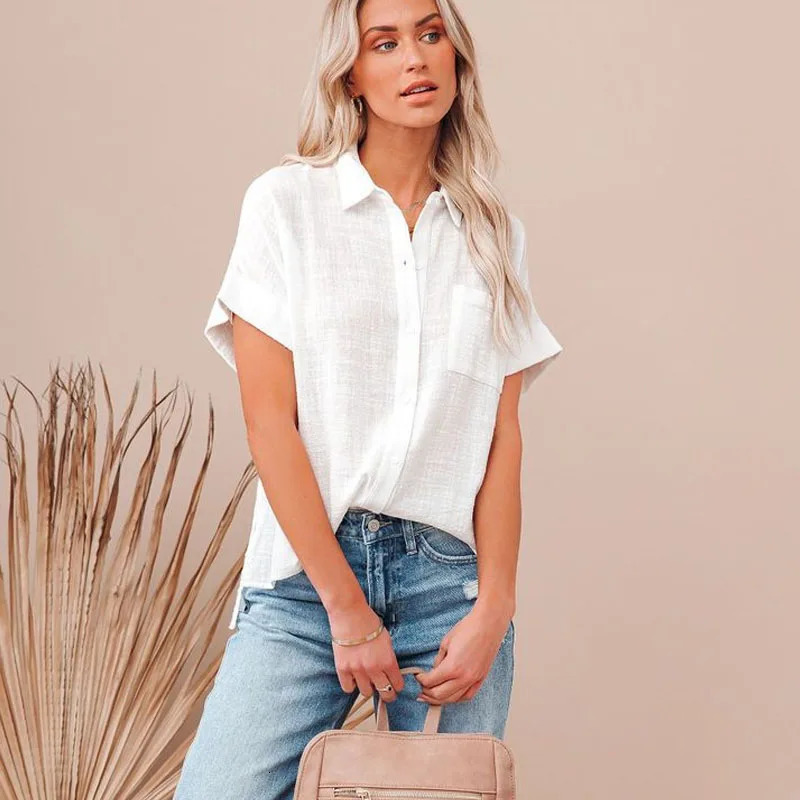 Fashion Cotton Linen Womens Shirts Casual Loose Short Sleeve Women Blouses Button Up Summer Woman Tops White Clothes 21929 250408