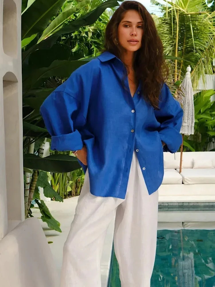 Summer Womens Linen Shirts Long Sleeve White Lapel Casual Loose Women Shirt Tops Solid Fashion Cotton Linen Shirt for Women 250408