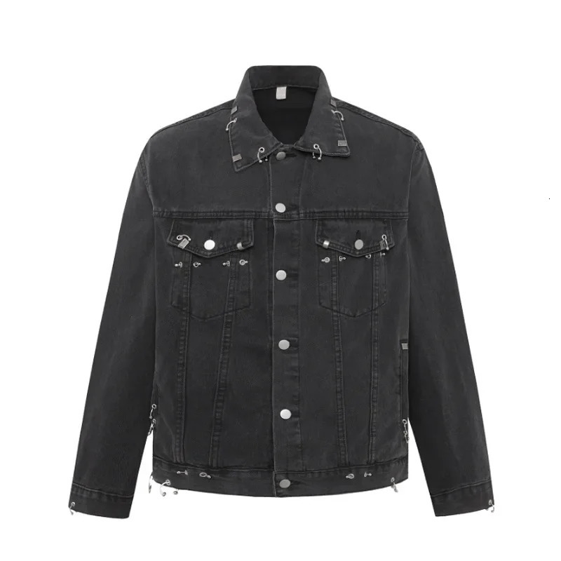 Fashionable mens casual denim jacket with loose fit and waterproof Distressed lace up knit 250408