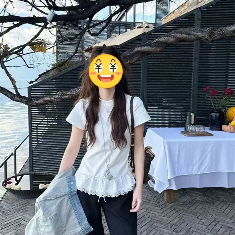 Femme Summer Korean Fashion Trend Patchwork Solid Color O-neck Short Sleeve Women Clothes All-match Lace Appear ThinSli T-Shirt 250408