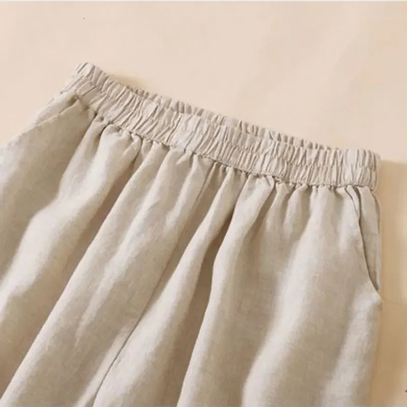 Bloomers Lace Linen Solid Casual Elastic High Waist Loose Wide Leg Womens Pants Ankle-Length Pants For Women Clothing 2025 250408