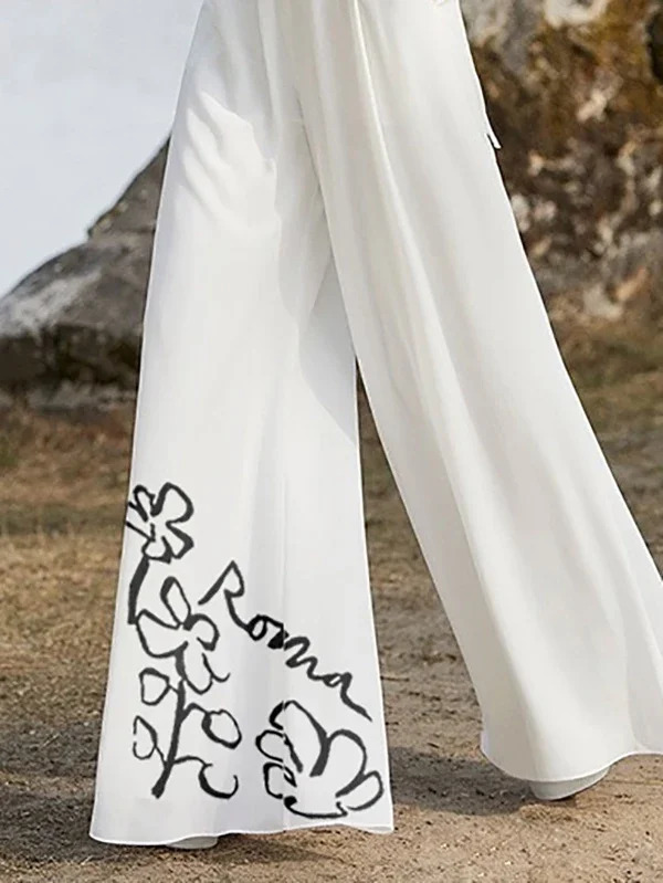 Modigirl summer white womens long pants jumpsuit with printed pleated pockets half sleeves dark Vneck 250407