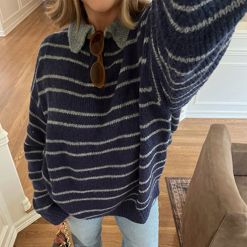 Women's Long Sleeve Clashing Stripe Sweater, POLO neck drop shoulder loose top, Street Fashion Vacationwinter clothes for women, herbst kleidung 