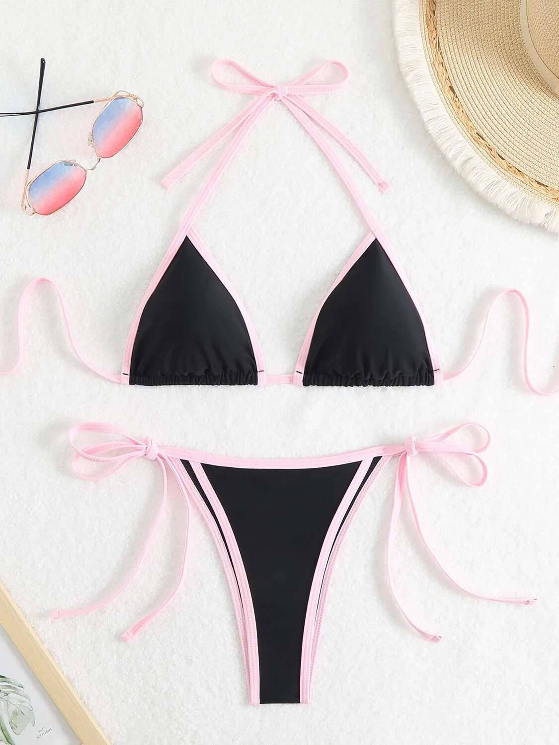 Dongdumaoyi Sexy Micro Bikini Women Pink Blue Contrast Push Up Tie Side Thong Swimsuit Brazilian Beach Bandage Bathing Suit Swimwear
