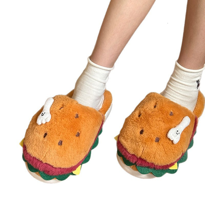 Hamburger cotton slippers for couples, autumn and winter new cartoon cute fur slippers, indoor home with plush warm cotton slippers