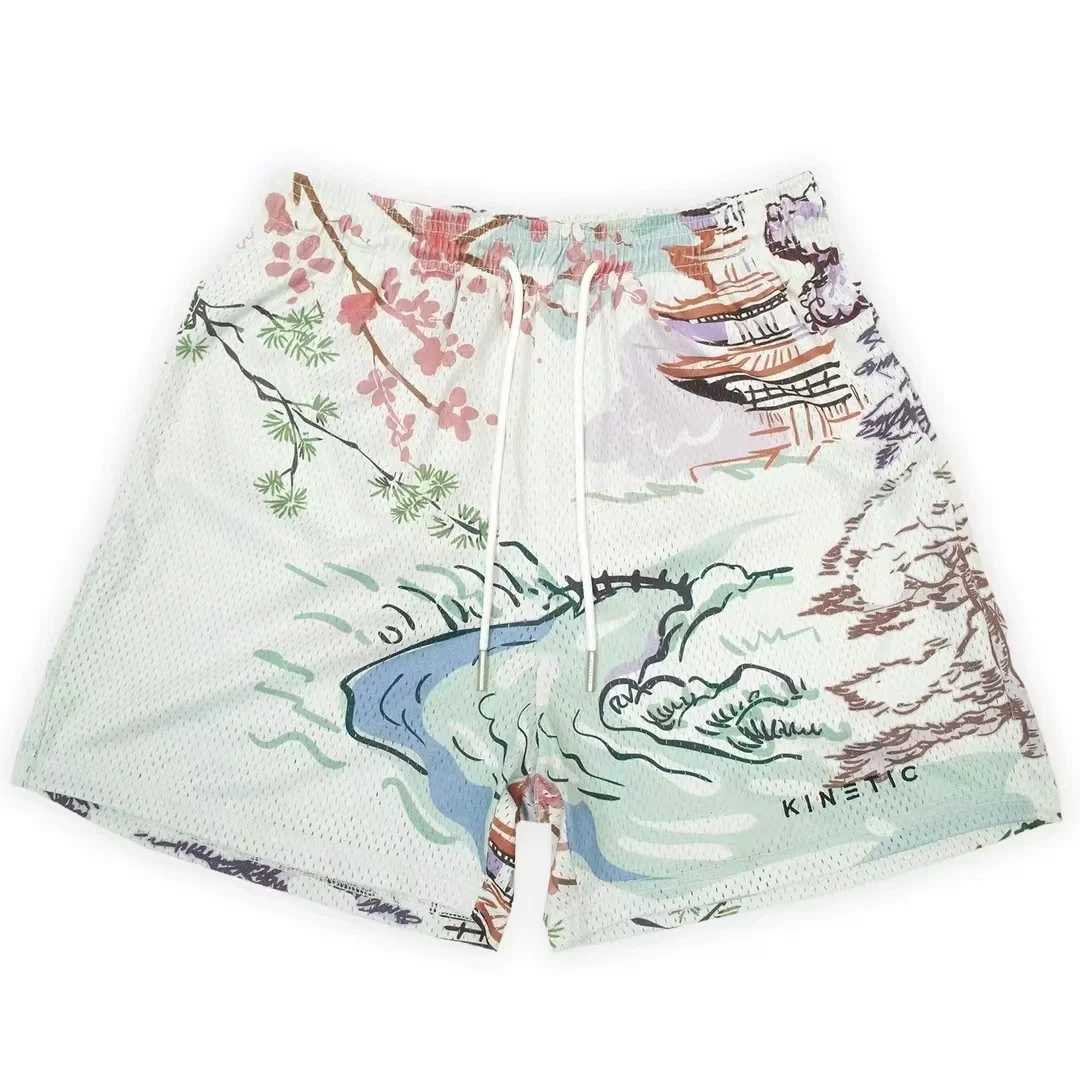 2025 Mesh Breathable Mens Shorts for Fitness Basketball Running Quick drying Shorts Bagged Flame Printed Fashion Summer ShortsXJ250407
