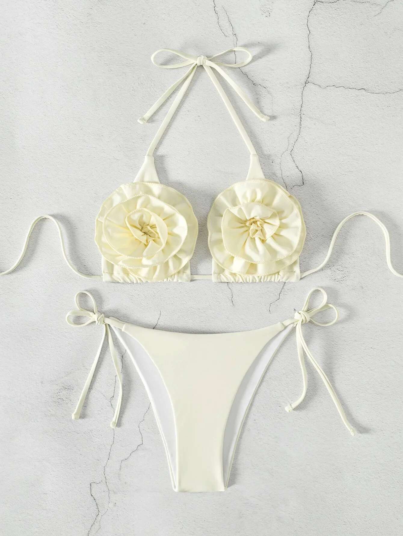 Dongdumaoyi Sexy D Flower Bikini Set Women New White Push Up Beach Vacation Two Piece Backless Swimsuit Summer Lace Up Thong Swimwear
