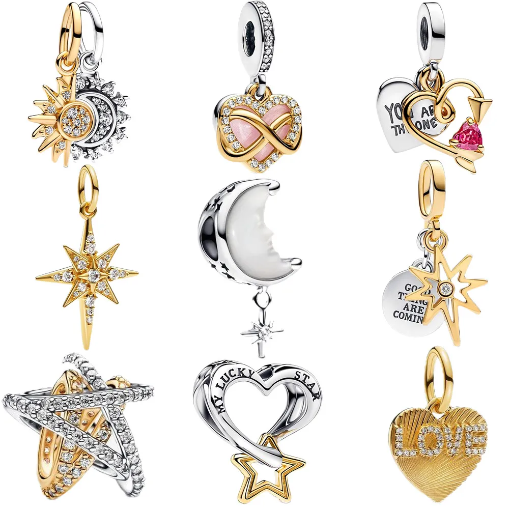 2025 New Jewelry Golden Sun Moon Two Piece Star Love Set S925 Silver Charm Is Suitable for Bracelet DIY Fashion Jewelry