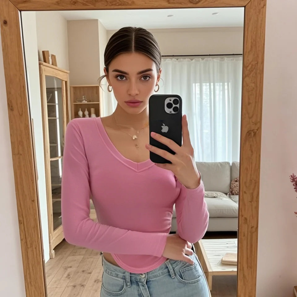 womens long sleeved Tshirt Vneck unique asymmetrical hem n elegant and fashionable Y2K 250407