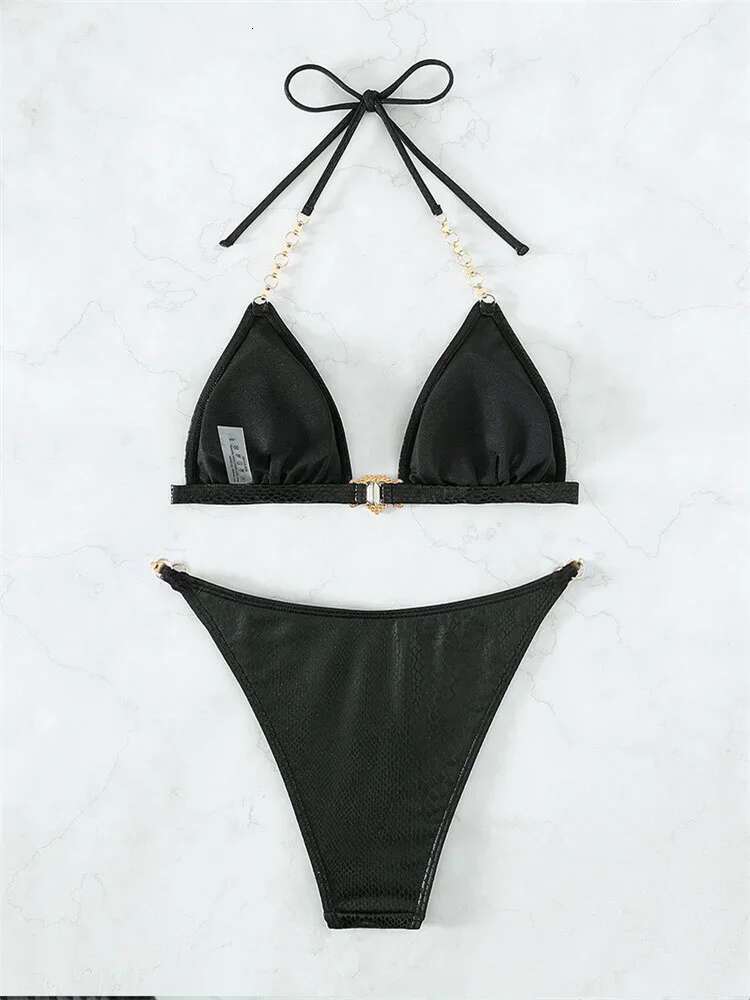 Dongdumaoyi Luxury Rhinestone Bikini Women Black Bronzing Metal Chain Strap Push Up Micro Swimsuit Sexy Bathing Suit Thong Swimwear