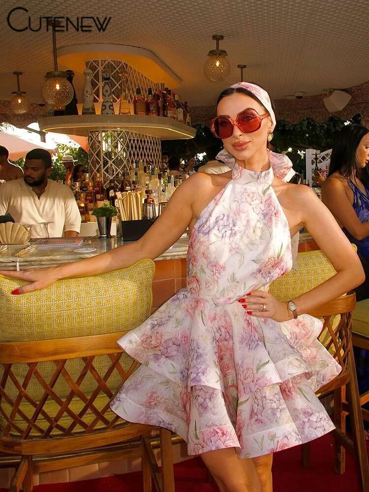 Cutenew Halter Lace Up Sweet Women Mini Dress Sexy Backless Ruffle Stacked A-e Bodycon Female Fashion Princess Party Vestidos ddmySept