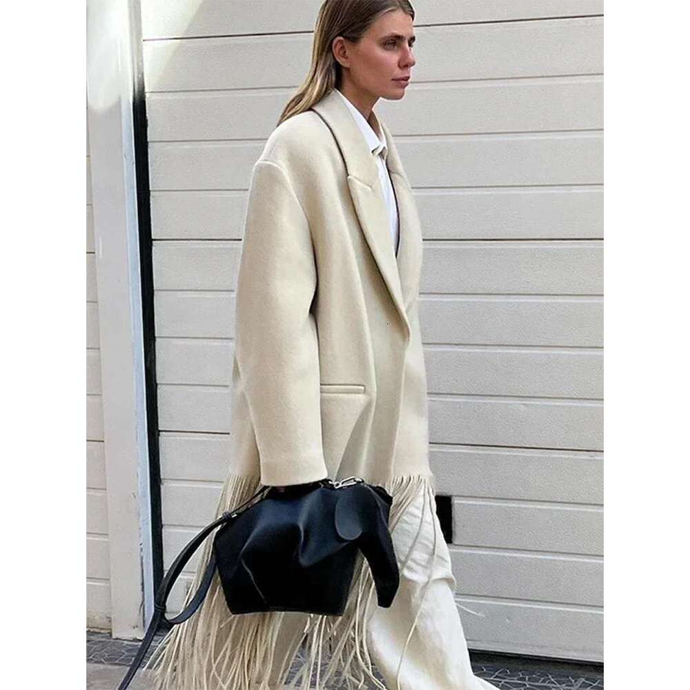 Fashion Woolen Tassels Long Coats For Women Turn-Down Collar Single Breasted Pockets Jacket Female Elegant Solid Lady Overcoats