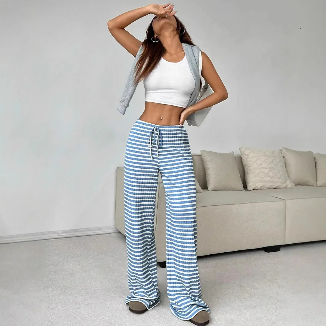 Casual cotton striped solid color elastic rope brushed straight leg pants for autumn and winter womens fashion crossover long gray 250407