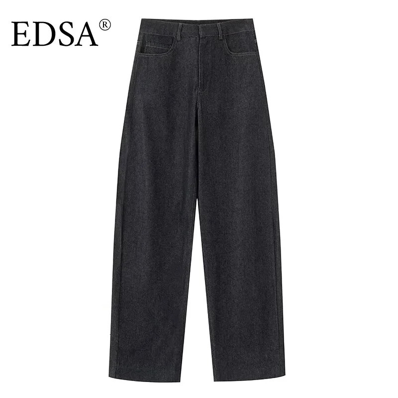 EDSA Womens Dark Blue Jeans Straight Leg Casual Denim Pants Four Seasons Street Clothing 250407