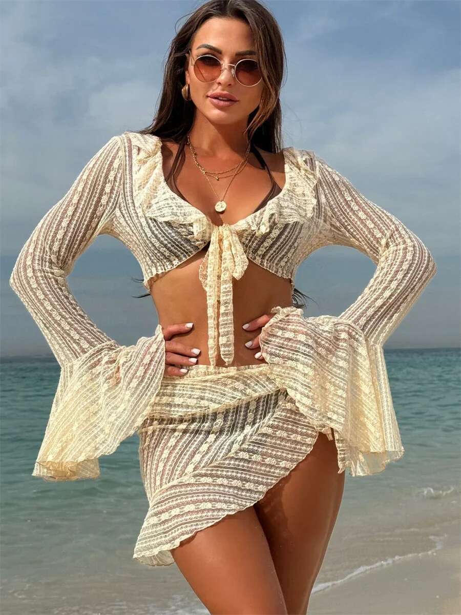 Dongdumaoyi Pieces Bikinis Sets Women Mesh Long Sleeve Cover Up With Beach Skirt Swimwear Holiday Bathing Suit Patchwork Swimsuit