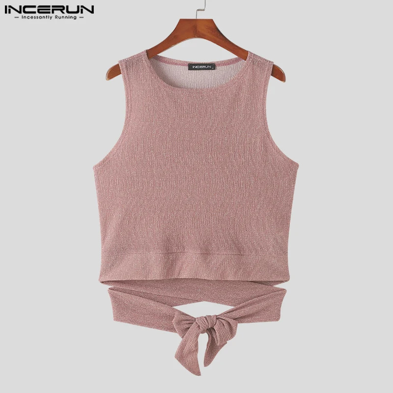 INCERUN Tops American style mens sparkling belt vest fashionable and sexy mens cut pleated sleeveless vest S-5XL 250402