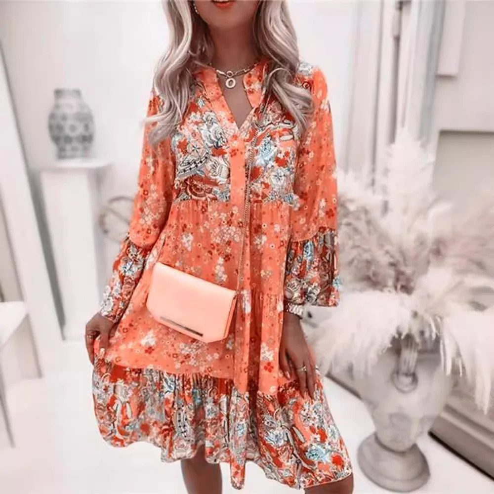 Casual Flower Printed Womens Rotating Summer Bohemian V-neck Loose A-line Dress Elegant Beach Party Dress Sexy Womens Robe 250401