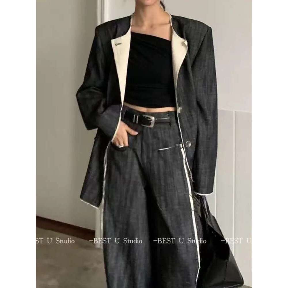 BJTZ 2025 Women's Solid Color Design Lapel Do Old Retro Suit High Quality Loose Straight Pants Two-Piece Set