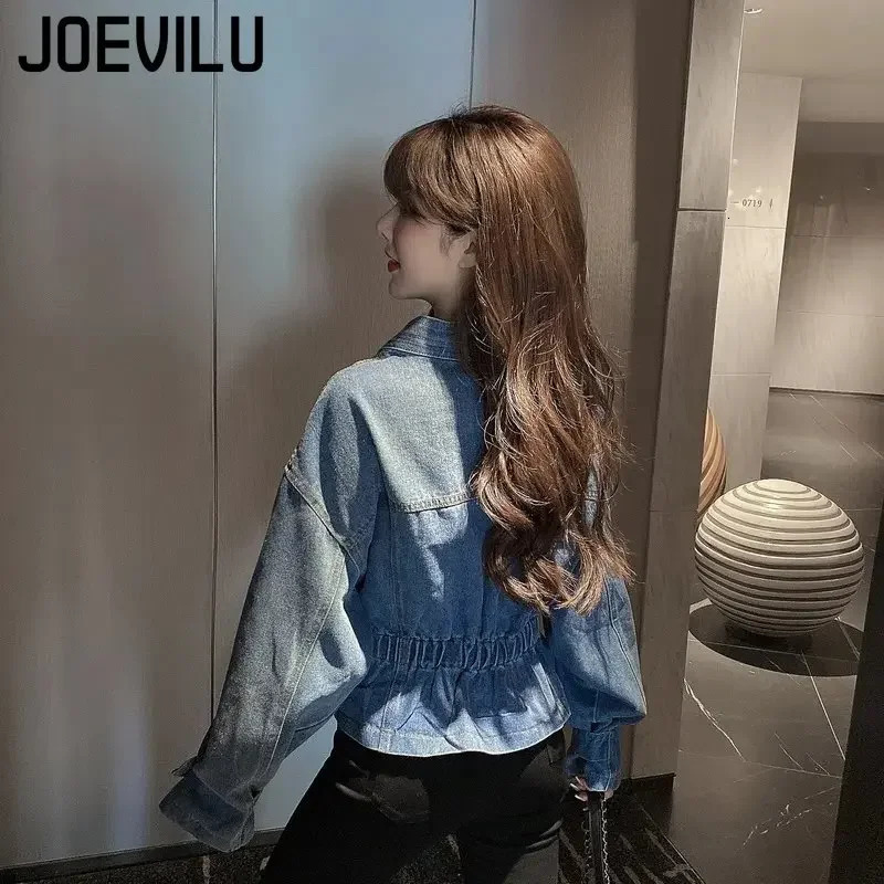 Jeans jacket Vneck pleated waist slim fit for womens autumn Korean fashion personalized irregular shirt loose casual denim top 250407