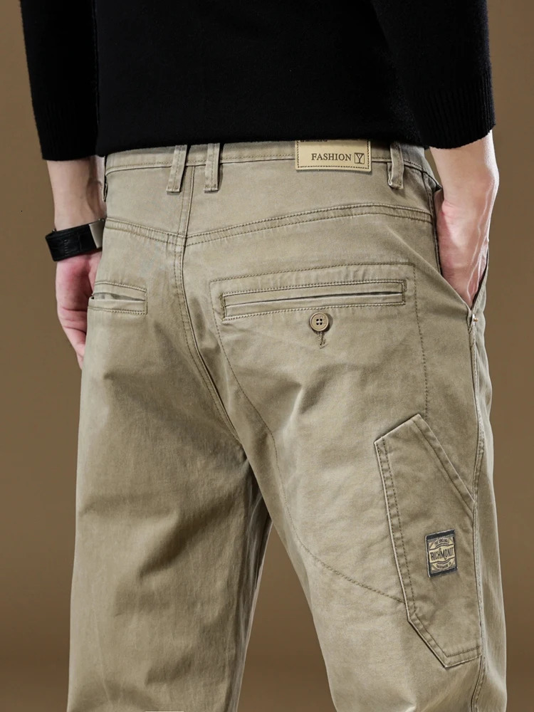 97% pure cotton mens cargo pants retro splicing work straight runner Trousers Fall loose casual brand khaki gray 250403