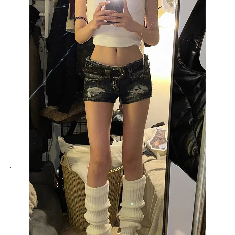 Sexy Versatile American Style Distressed Denim Shorts Low Waist Exposed Belly High Street Gyaru Summer Arrival Ultra Short H 250408