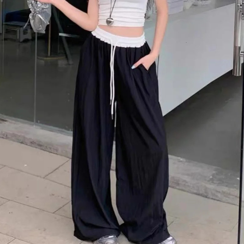 Fashionable matching loose womens wide leg pants elastic waist drawstring patch work straight casual streetwear sportswear 250407