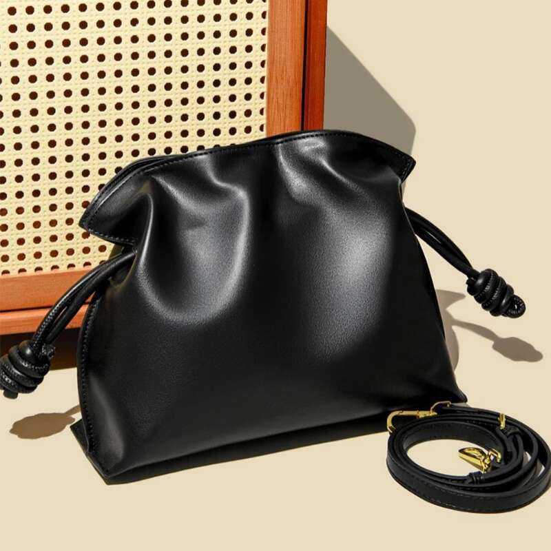 Brand New Drawstring Handbag Orange High-end Soft Genuine Leather Messenger Exquisite Smooth hot Shiny Black Shoulder Bag