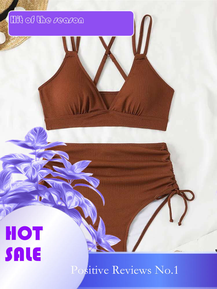 Dongdumaoyi Women S Two Piece Swimsuit Black Double Strap Push Up Pleate Drawstring Side High Waist Bikini Beach Bathing Suit Swimwear