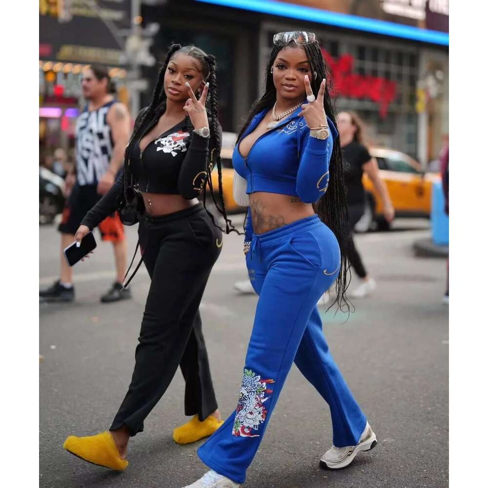 Bangniweigou Skull Love Print Zipper Short Cardigan + High Waist Straight Leg Pants Two Piece Set Women Tracksuit Autumn Winter