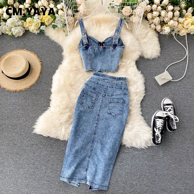 CM.YAYA Women Denim Sets Sleeveless Strap Crop Top and Long Skirts Suits Summer Jeans Streetwear Two 2 Piece Sets Outfits 250408