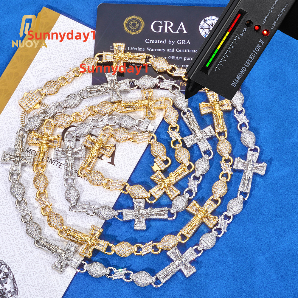 NUOYA 925 Silver Baguette VVS Moissanite Iced Out Hip Hop Necklace Infinity Cross Jesus Cuban Link Chain Fine Jewelry