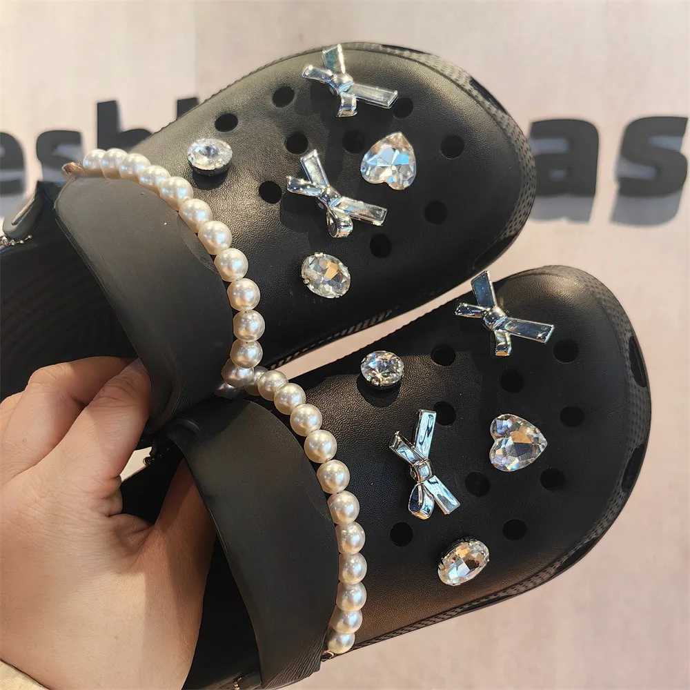 DIY Pearl Rhine River Sier Bow Shoe Decorative Buckle for Charm Hole Shoe Accessories Y250403