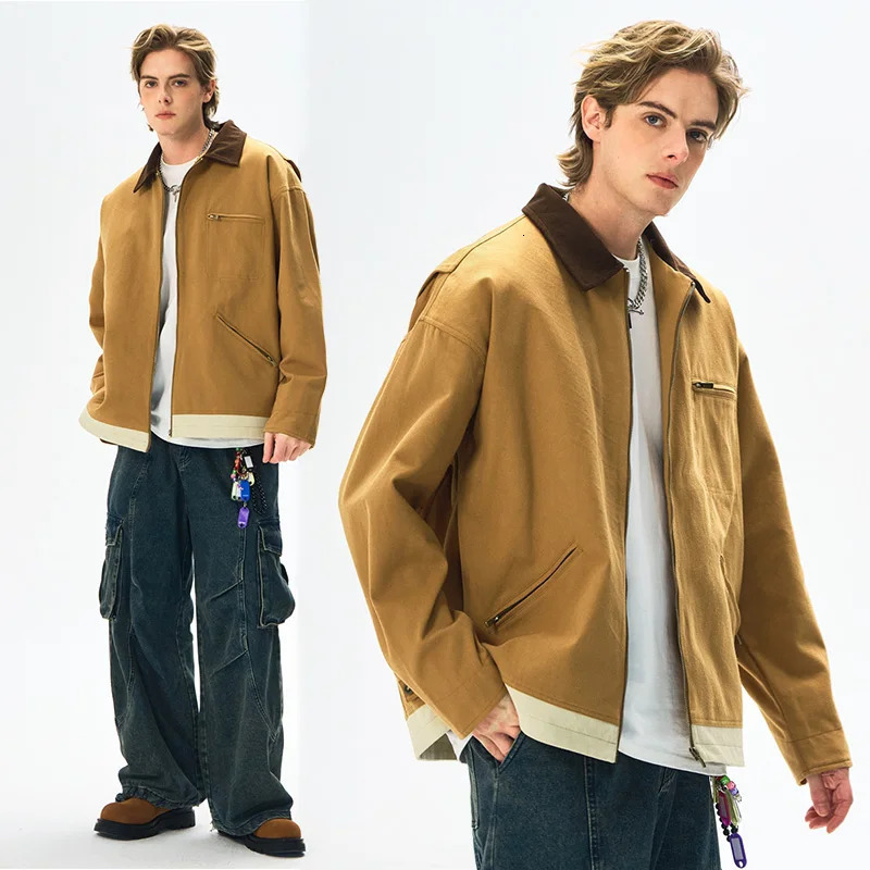 Fashionable mens jacket autumn casual retro style denim zipper pocket windproof camping baseball 250407