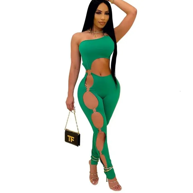 White Sexy Women Outfit Hollow Out Jumpsuit Sleeveless One Shoulder Rompers Holes Sexy Overall Backless Rompers Womens Jumpsuit 250407