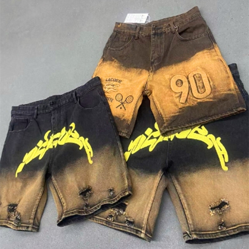 2025S Designer Letter Shorts Trendy Brand Jeans Men S Ripped Five Quarter Mid Length Pants High Street New Style Summer Denim