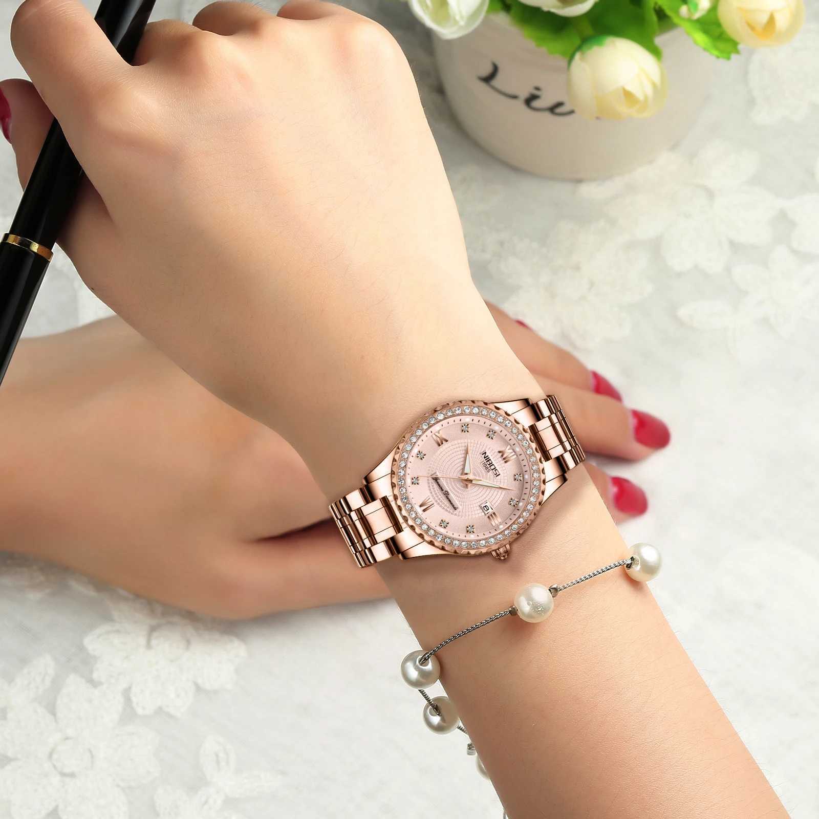 NIBOSI Womens Watch Diamond Luxury Rose Gold Simulated Quartz Watch Classic Fashion Waterproof Luminous Womens WatchT250408