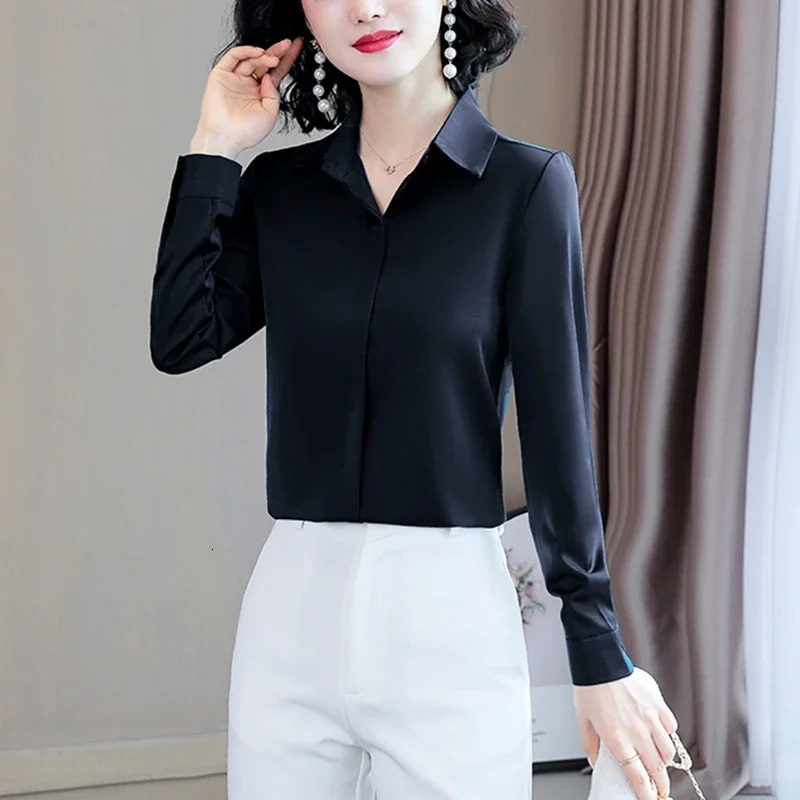Womens Silk Office Shirt Fashion Long Sleeve Casual Womens Top Elegant Womens Retro White Satin Shirt Oversized 250402