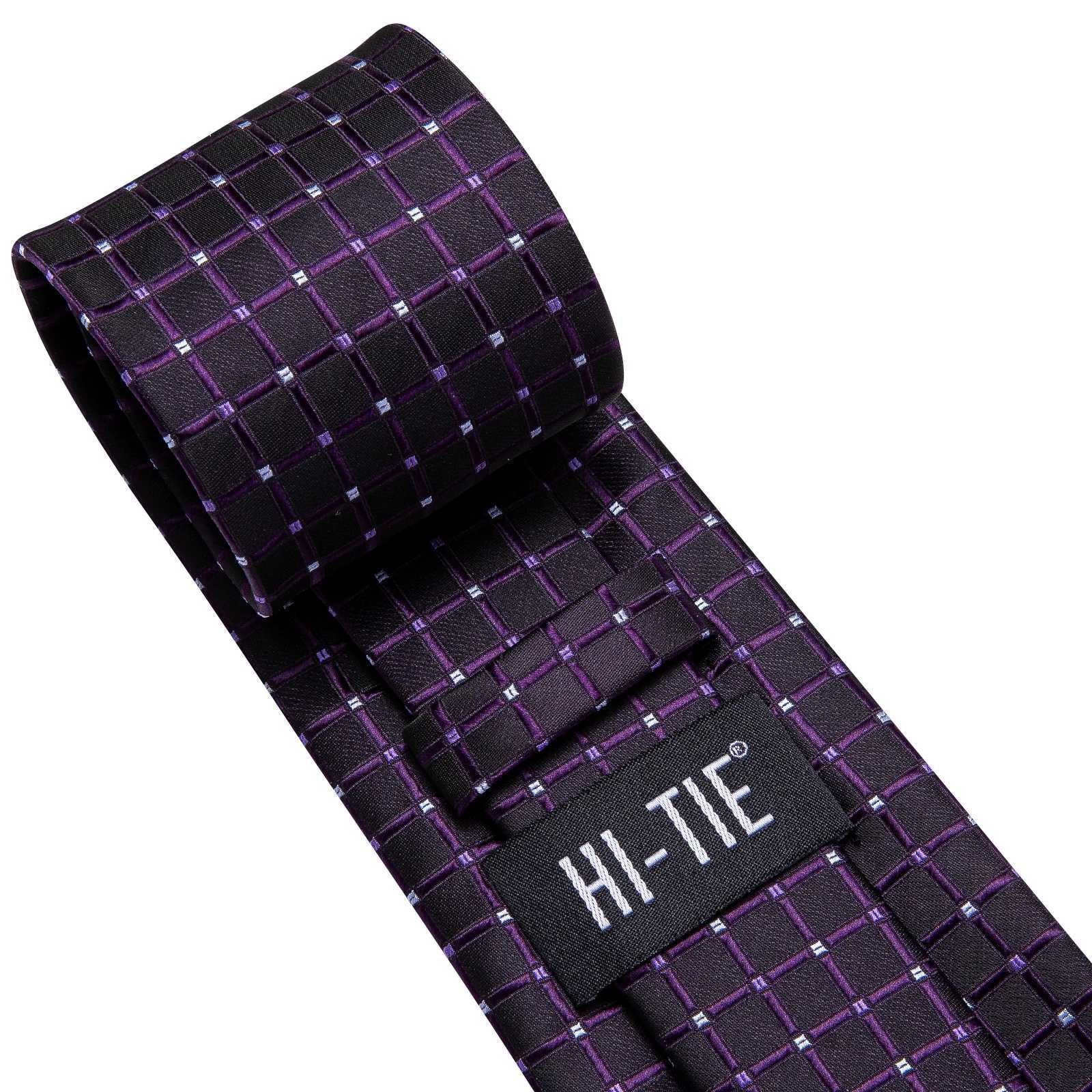 Hi-Tie Plaid Dots Purple Grey Mens Elegant Necktie Handkerchief Cufflinks for Tuxedo Fashion Classic Silk Luxury Tie for Man X250407