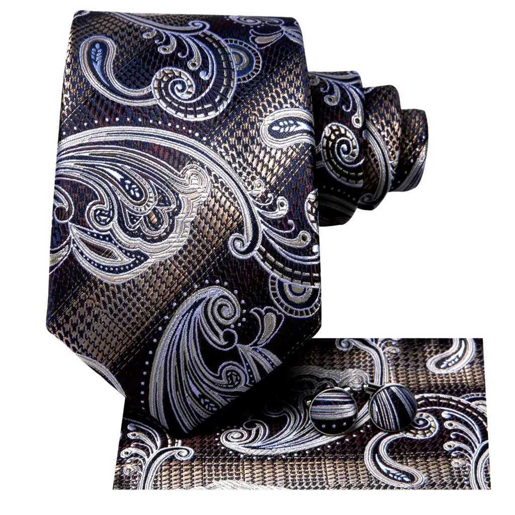 Hi-Tie Paisley Brown Tie For Men Elegant Mens Necktie Pocket Square Cufflink Gro Wedding Accessory Wholes New Designer X250407