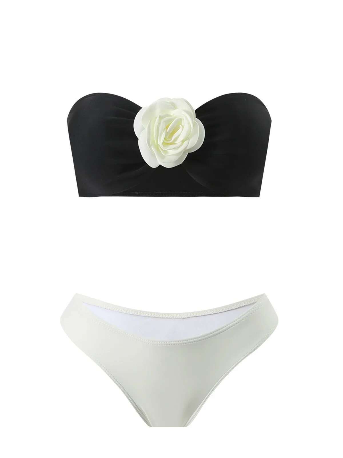 Dongdumaoyi Sexy D Floral Bandeau Bikini Set Women Black White Patchwork Skirt Piece Swimsuit Beach Bathing Suit High Waist Swimwear