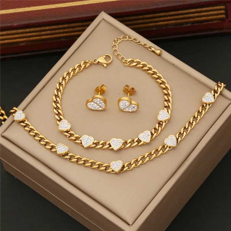 316L Stainless Steel Jewelry Set Golden - Plated Cuban Link Chain Necklace Bracelet With Heart - shaped Cubic Zirconia Inlays Y250408