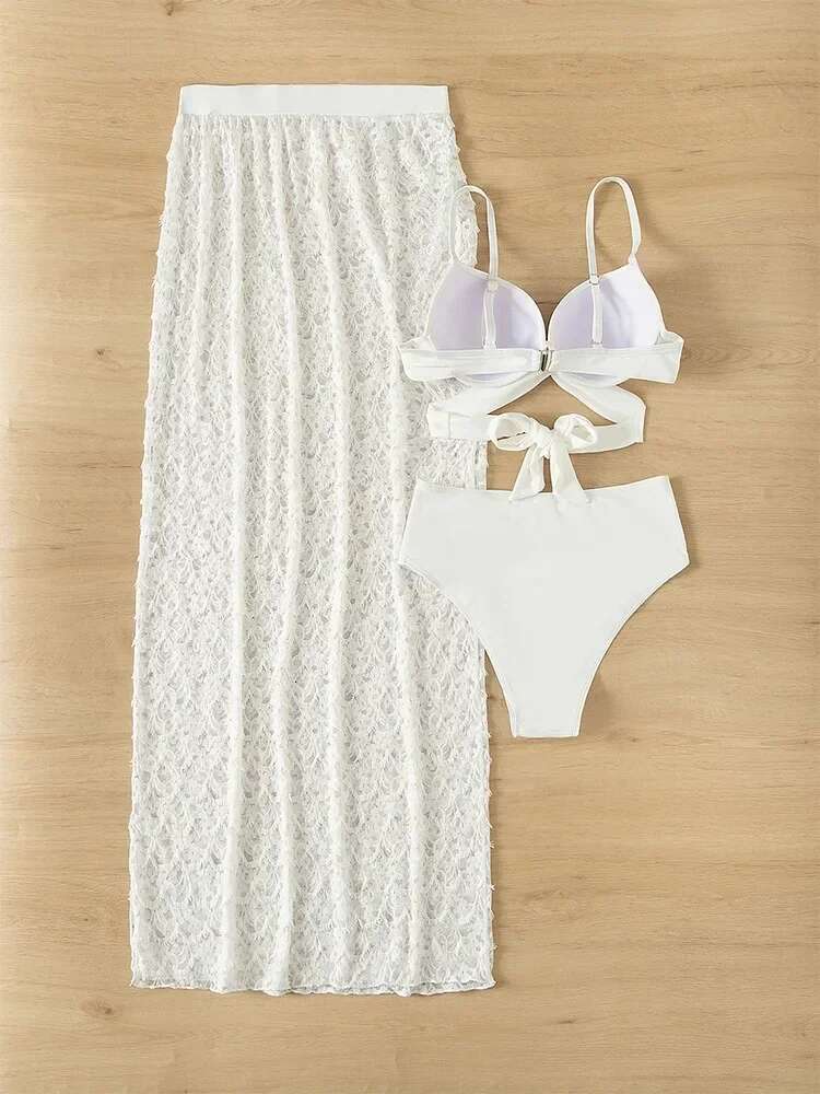 Dongdumaoyi Sexy White Pieces Skirt Bikinis Set Women Black Push Up Criss Cross Underwire Swimsuit Lace Cover Ups High Waist Swimwear