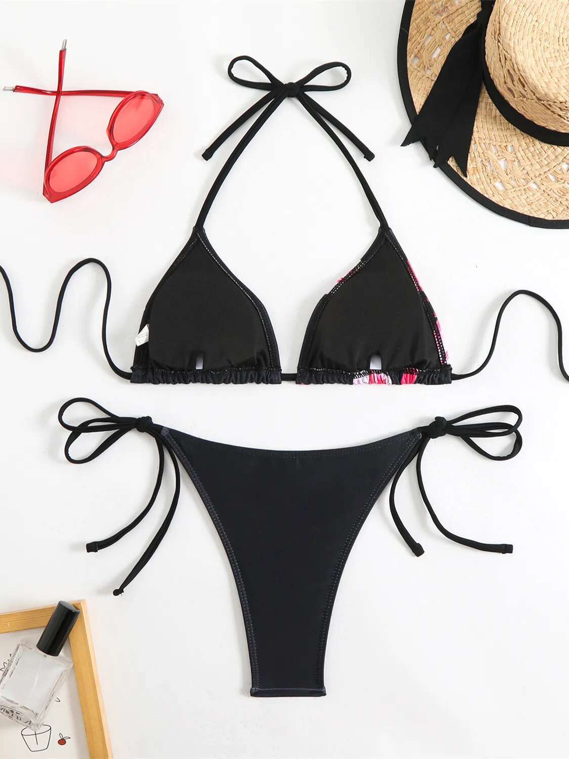 Dongdumaoyi Sexy Micro Bikini Women Black Floral Print Push Up Bra Tie Side Thong Swimsuit Brazilian Beach Bathing Suit Pool Swimwear