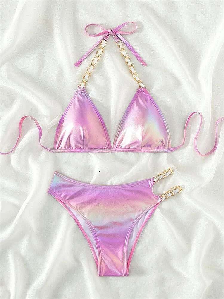 Dongdumaoyi Push Up Bikini Micro Bikinis Set Pink Gradient Metal Strap Swimsuit Women Sexy Cut Out Bathing Suit High Waist Swimwear