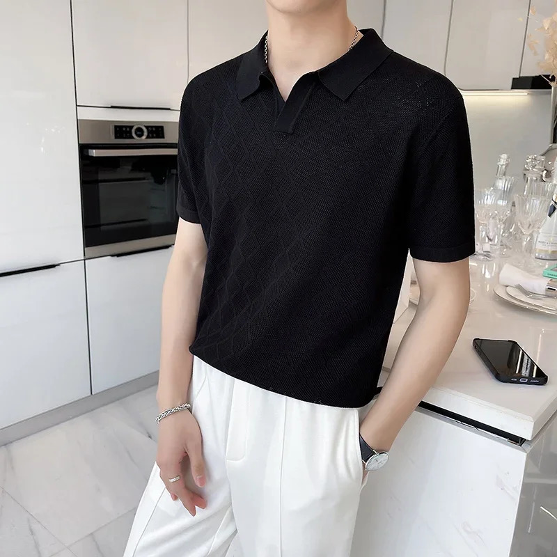 Hollow-out Knitted Lapel Short-sleeved T-shirt Slim Hole Polo Shirt Brown polo Golf Shirt 250407