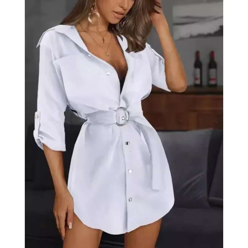 New European And American Lace Cardigan Solid Color Rolled Up Sleeve Shirt Dress Versatile Yet Fashionable