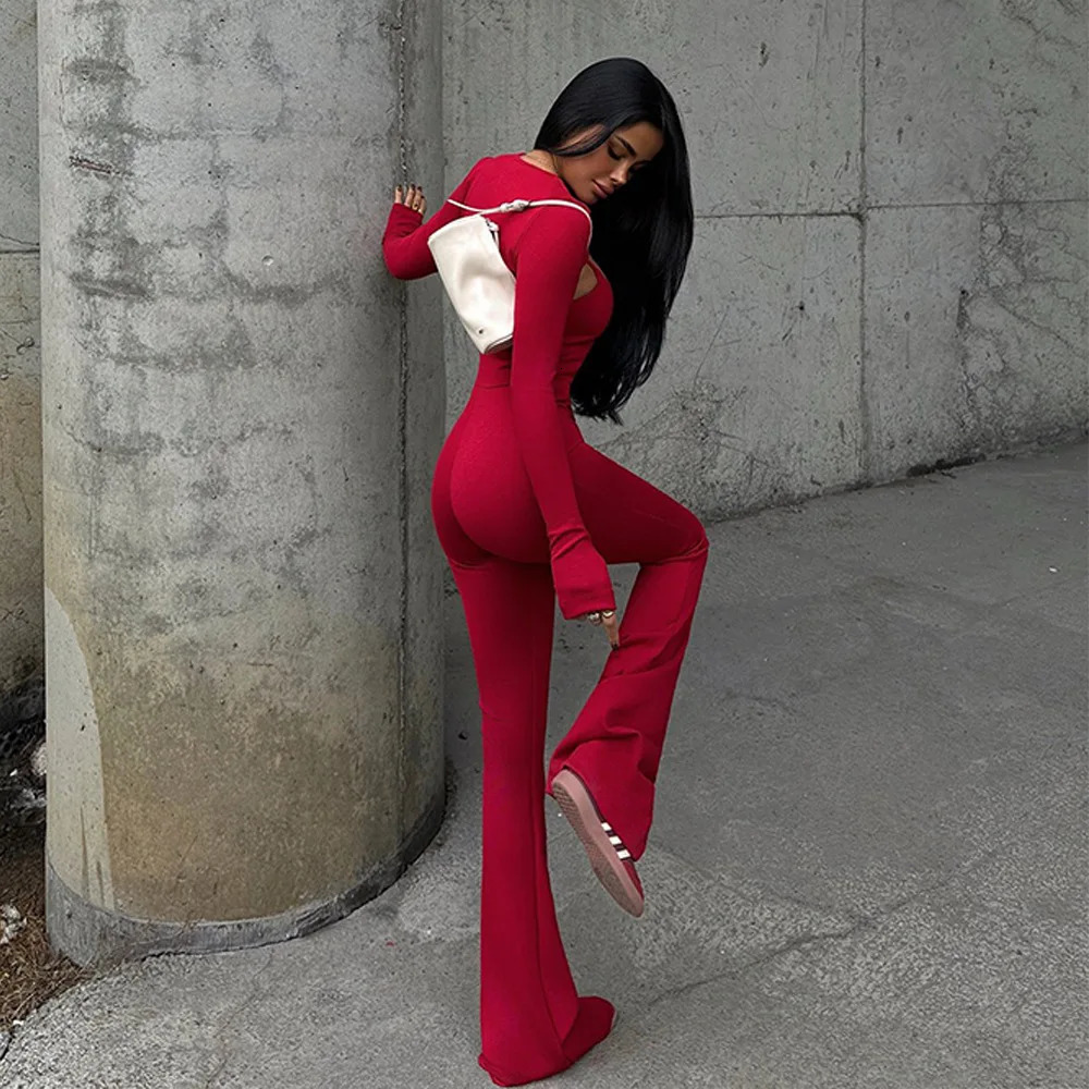 Womens slim fit shoulder strap jumpsuit fashionable and casual Oneck long sleeved solid color fitness sports Y2K 250407