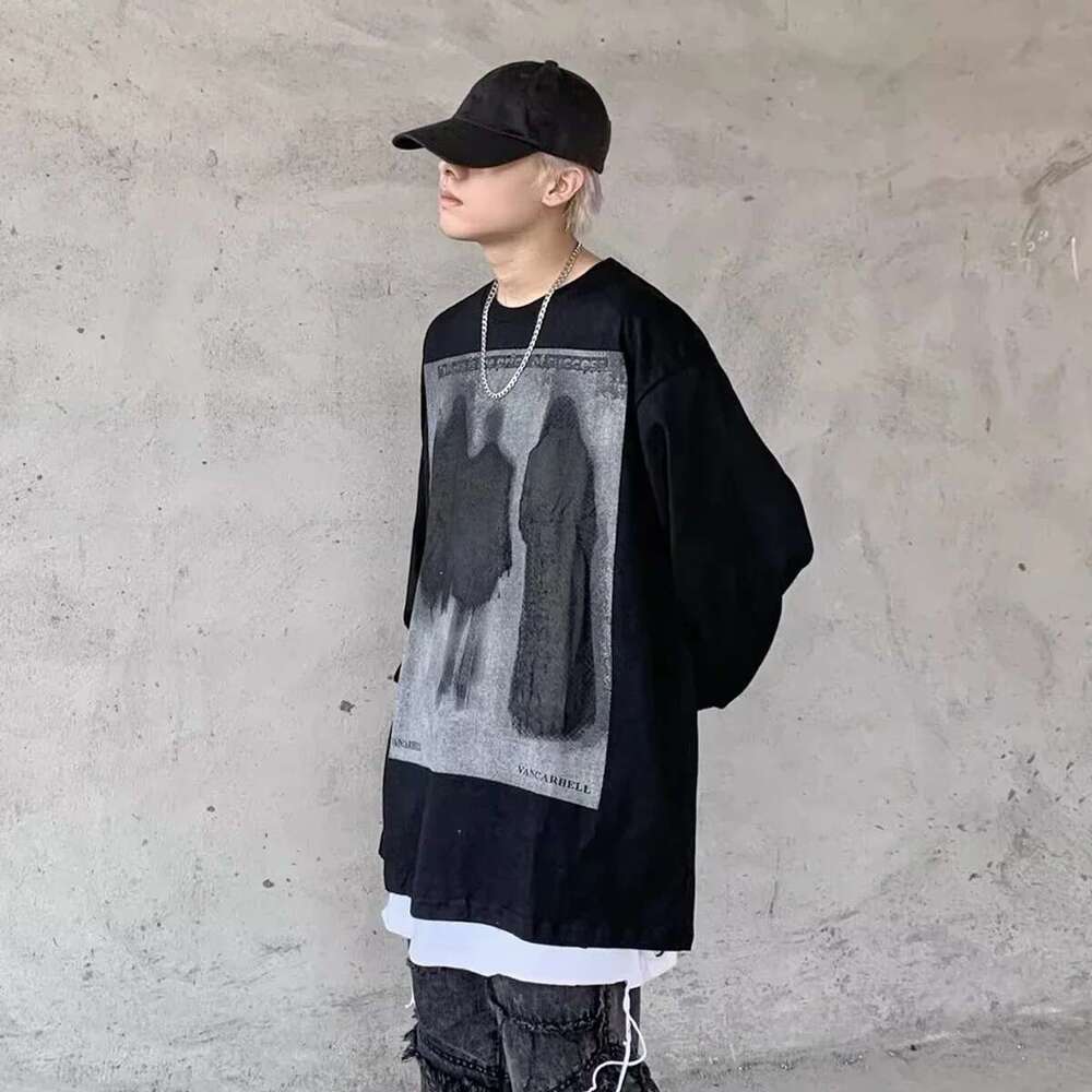 Demon Print Long Sleeve T-Shirt Mens High Street Crew Neck Cotton Tee Streetwear Loose Casual T Shirt Men