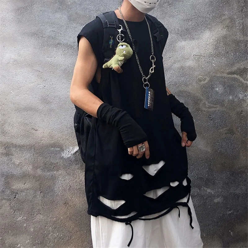 Summer ripped hole punk hip-hop vest retro mens long sleeved sleeveless vest 250403
